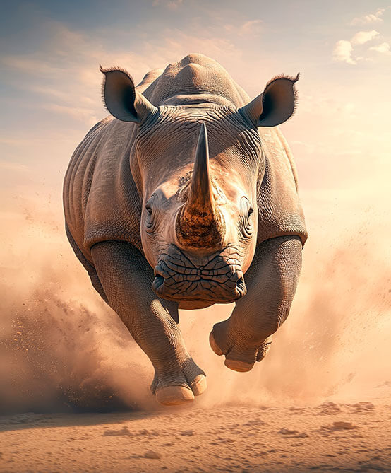 Rhinoceros charging towards the camera in Tanzania