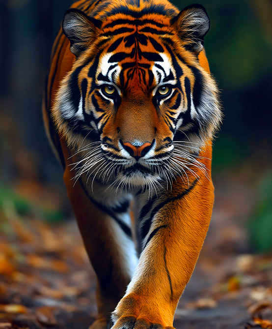 Tiger walking directly toward the camera in its natural habitat